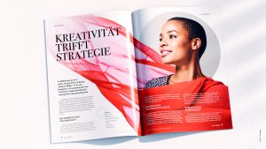 Die Aufmacherseite eines fiktiven Fachartikels lädt auf zwei Seiten großzügig zum Weiterlesen ein. Das Model lenkt dabei den Blick des Betrachters auf den Titel.