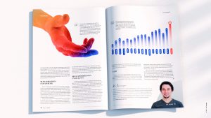 Eine Doppelseite, die den potentiellen grafischen und textlichen Inhalt eines Fachartikels zeigt.